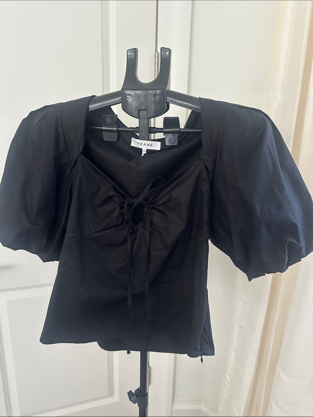 Frame Denim Black Puff-Sleeve Tie-Front Top
